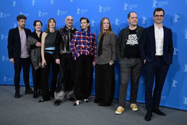 Film producer Tobias Walker, German actress Marisa Growaldt, German actress Caro Braun, Austrian Director Markus Schleinzer, German actress Sandra Hueller, German actress Emma Bahlmann, German actor Godehard Giese and film producer Johannes Schubert pose during a photo call for the film "Rose" presented in competition at the 76th Berlinale, Europe's first major film festival of the year, in Berlin on February 15, 2026. (Photo by John MACDOUGALL / AFP)