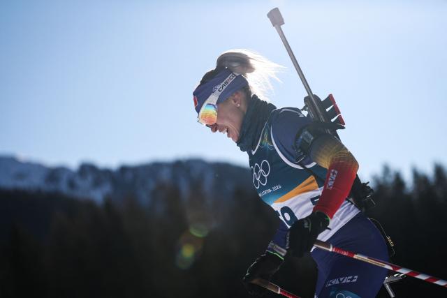 Romania's Anastasia Tolmacheva skis during the women's biathlon 10km pursuit event during the Milano Cortina 2026 Winter Olympic Games at the Anterselva Biathlon Arena (Sudtirol Arena) in Anterselva (Val Pusteria) on February 15, 2026. (Photo by FRANCK FIFE / AFP)