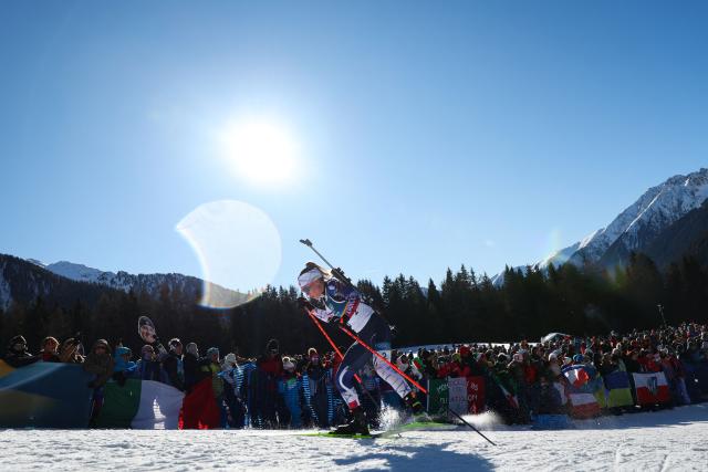 France's Oceane Michelon skis during the women's biathlon 10km pursuit event during the Milano Cortina 2026 Winter Olympic Games at the Anterselva Biathlon Arena (Sudtirol Arena) in Anterselva (Val Pusteria) on February 15, 2026. (Photo by Franck FIFE / AFP)