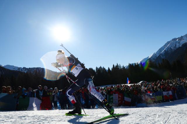 France's Lou Jeanmonnot skis during the women's biathlon 10km pursuit event during the Milano Cortina 2026 Winter Olympic Games at the Anterselva Biathlon Arena (Sudtirol Arena) in Anterselva (Val Pusteria) on February 15, 2026. (Photo by Franck FIFE / AFP)