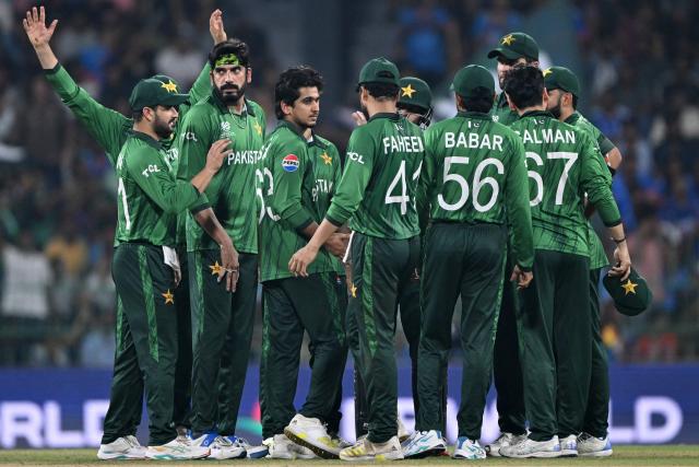 Pakistan's Saim Ayub (3L) celebrates with teammates after taking the wicket of India's Ishan Kishan during the 2026 ICC Men's T20 Cricket World Cup group stage match between India and Pakistan at the R Premadasa Stadium in Colombo on February 15, 2026. (Photo by Ishara S.KODIKARA / AFP)
