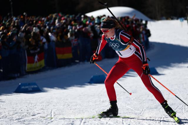 Norway's Maren Kirkeeide skis during the women's biathlon 10km pursuit event during the Milano Cortina 2026 Winter Olympic Games at the Anterselva Biathlon Arena (Sudtirol Arena) in Anterselva (Val Pusteria) on February 15, 2026. (Photo by FRANCK FIFE / AFP)