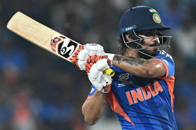 India's Ishan Kishan plays a shot during the 2026 ICC Men's T20 Cricket World Cup group stage match between India and Pakistan at the R Premadasa Stadium in Colombo on February 15, 2026. (Photo by Manan VATSYAYANA / AFP)