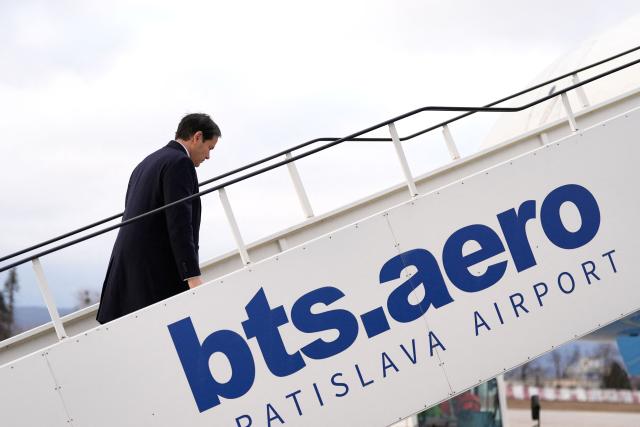 US Secretary of State Marco Rubio boards the airplane as he departs from Bratislava Airport in Bratislava, Slovakia, on February 15, 2026. (Photo by Alex Brandon / POOL / AFP)