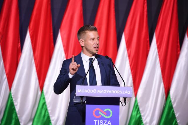 Hungarian opposition leader, head of the TISZA party and candidate for Hungarian Prime Minister Peter Magyar holds a state-of-the-nation speech on February 15, 2026 in Budapest, Hungary. (Photo by Ferenc ISZA / AFP)