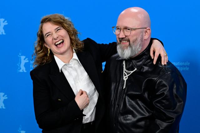 Belgian director Anke Blonde and Belgian screenwriter Angelo Tijssens pose during a photo call for the film "Dust" presented in competition at the 76th Berlinale, Europe's first major film festival of the year, in Berlin on February 15, 2026. (Photo by John MACDOUGALL / AFP)