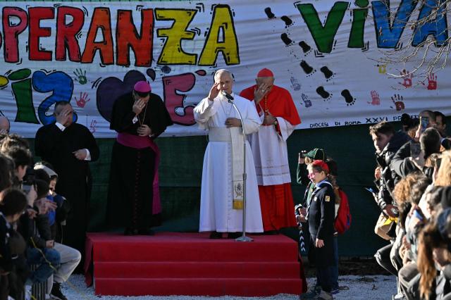 Pope Leo XIV attends a pastoral visit to the parish of “St. Mary Queen of Peace" at Ostia Lido, near Rome, on February 15, 2026. (Photo by Andreas SOLARO / AFP)