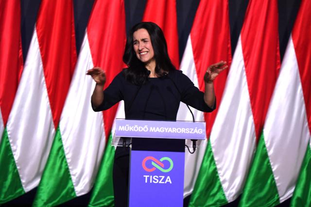 The Tisza party’s foreign-minister designate Anita Orban  delivers a speech on February 15, 2026 in Budapest, Hungary. (Photo by Ferenc ISZA / AFP)