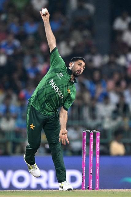 Pakistan's Abrar Ahmed delivers a ball during the 2026 ICC Men's T20 Cricket World Cup group stage match between India and Pakistan at the R Premadasa Stadium in Colombo on February 15, 2026. (Photo by Ishara S.KODIKARA / AFP)