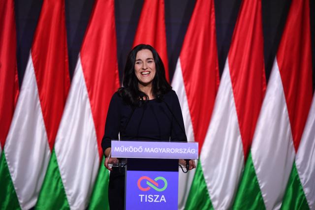 The Tisza party’s foreign-minister designate Anita Orban  delivers a speech on February 15, 2026 in Budapest, Hungary. (Photo by Ferenc ISZA / AFP)
