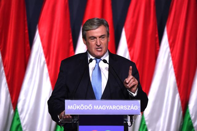 The Tisza party’s head of economic development and energy policy Istvan Kapitany delivers a speech on February 15, 2026 in Budapest, Hungary. (Photo by Ferenc ISZA / AFP)