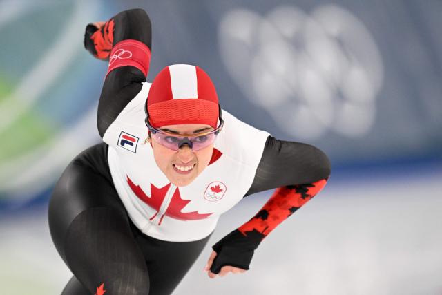 Canada's Beatrice Lamarche competes in the speed skating women's 500m during the Milano Cortina 2026 Winter Olympic Games at Milano Speed Skating Stadium in Milan on February 15, 2026. (Photo by Daniel MUNOZ / AFP)