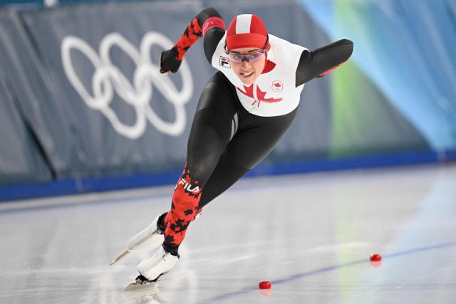 Canada's Beatrice Lamarche competes in the speed skating women's 500m during the Milano Cortina 2026 Winter Olympic Games at Milano Speed Skating Stadium in Milan on February 15, 2026. (Photo by Daniel MUNOZ / AFP)