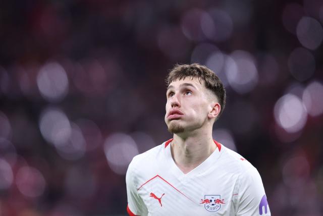Leipzig's German midfielder #10 Brajan Gruda reacts during the Bundesliga football match between RB Leipzig and VfL Wolfsburg in Leipzig, eastern Germany, on february 15, 2026. (Photo by Ronny HARTMANN / AFP) / DFL REGULATIONS PROHIBIT ANY USE OF PHOTOGRAPHS AS IMAGE SEQUENCES AND/OR QUASI-VIDEO