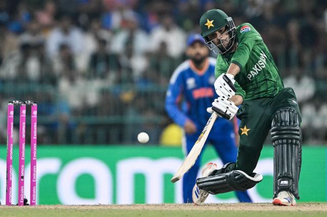 Pakistan's Usman Khan plays a shot during the 2026 ICC Men's T20 Cricket World Cup group stage match between India and Pakistan at the R Premadasa Stadium in Colombo on February 15, 2026. (Photo by Ishara S. KODIKARA / AFP)