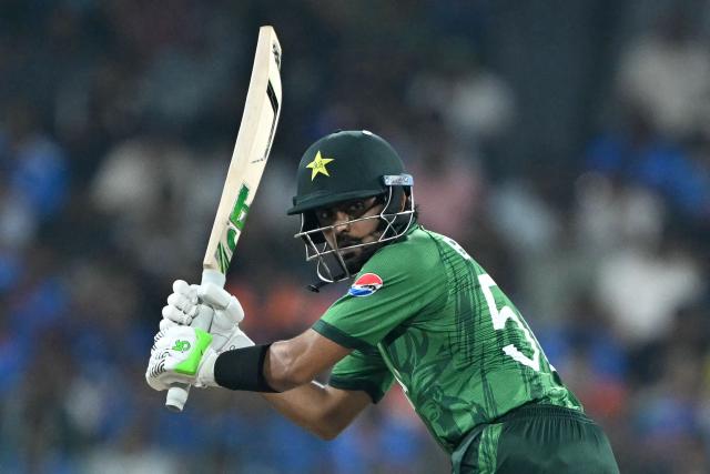 Pakistan's Babar Azam plays a shot during the 2026 ICC Men's T20 Cricket World Cup group stage match between India and Pakistan at the R Premadasa Stadium in Colombo on February 15, 2026. (Photo by Ishara S. KODIKARA / AFP)