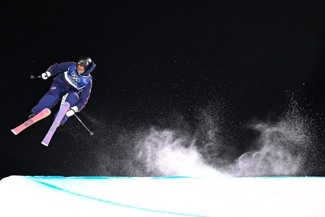 USA's Alex Hall competes in the freestyle skiing men's freeski big air qualification run 1 during the Milano Cortina 2026 Winter Olympic Games at Livigno Snow Park - Big Air, in Livigno (Valtellina), on February 15, 2026. (Photo by Kirill KUDRYAVTSEV / AFP)