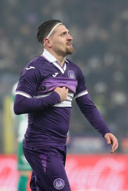 RSC Anderlecht's Belgian forward #91 Adriano Bertaccini reacts during the Belgian Pro League football match between RSC Anderlecht and RAAL La Louviere at the Lotto Park stadium in Brussels on February 15, 2026. (Photo by VIRGINIE LEFOUR / Belga / AFP) / Belgium OUT