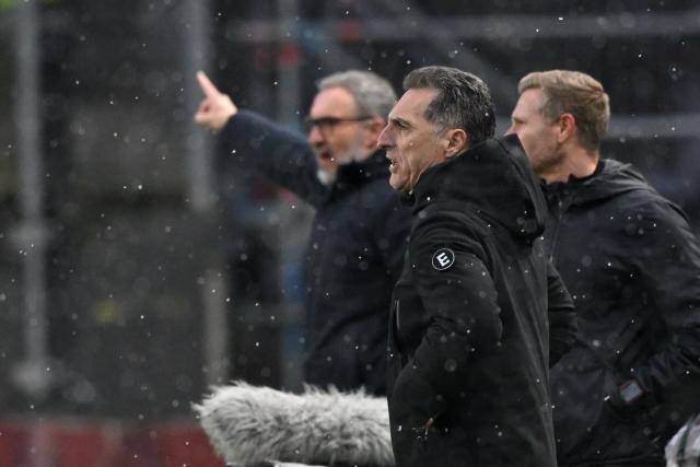 Auxerre’s French Head coach Christophe Pelissier reacts during the French L1 football match between FC Metz and AJ Auxerre at Stade Saint-Symphorien in Longeville-les-Metz, northeastern France, on February 15, 2026. (Photo by Jean-Christophe VERHAEGEN / AFP)