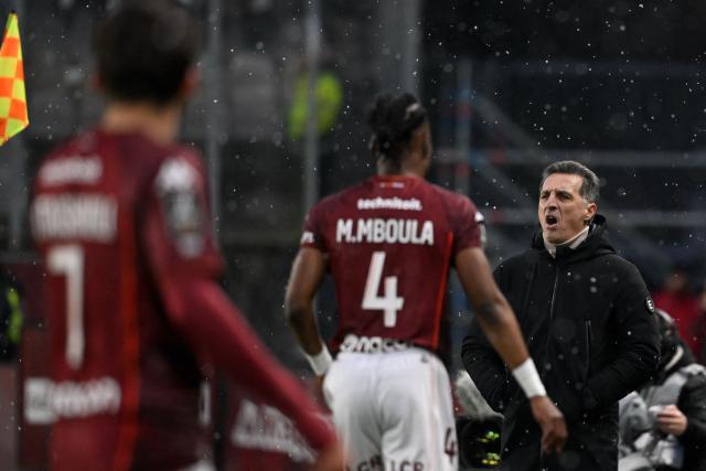 Auxerre’s French Head coach Christophe Pelissier reacts during the French L1 football match between FC Metz and AJ Auxerre at Stade Saint-Symphorien in Longeville-les-Metz, northeastern France, on February 15, 2026. (Photo by Jean-Christophe VERHAEGEN / AFP)