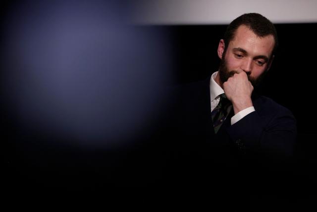 Right wing candidate as Menton mayor Louis Sarkozy looks on after receiving the Prix Napoleon award during the 4th edition of the Napoleon Festival at the Club de l'Etoile theatre in Paris on February 15, 2026. (Photo by Guillaume BAPTISTE / AFP)