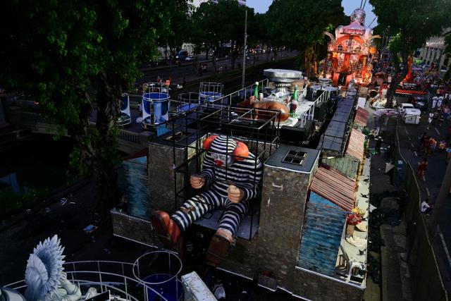 Floats of the Academicos de Niteroi samba school are seen before the opening night of the Rio Carnival at the Marques de Sapucai Sambadrome in Rio de Janeiro, Brazil, on February 15, 2026. (Photo by Pablo PORCIUNCULA / AFP)