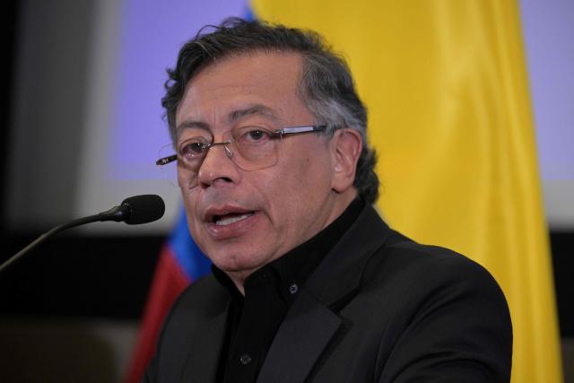 (FILES) Colombian President Gustavo Petro speaks during a press conference at the Colombian Embassy in Washington, DC, on February 3, 2026. Colombian President Gustavo Petro called on February 15, 2026, for a demonstration next February 19 to protest against the suspension of this year's 24% minimum wage increase, the largest in a century and the target of criticism from business leaders and opponents. (Photo by Oliver Contreras / AFP)