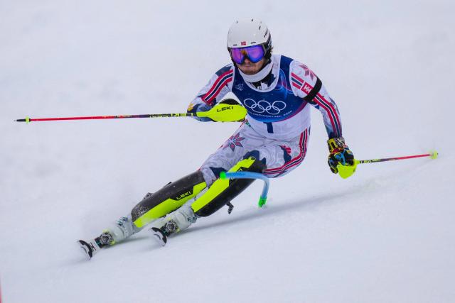Norway's Atle Lie McGrath competes in the first run of the men's slalom alpine skiing event during the Milano Cortina 2026 Winter Olympic Games at the Stelvio Ski Centre in Bormio (Valtellina) on February 16, 2026. (Photo by Dimitar DILKOFF / AFP)