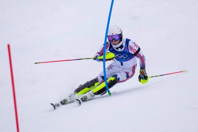 Norway's Atle Lie McGrath competes in the first run of the men's slalom alpine skiing event during the Milano Cortina 2026 Winter Olympic Games at the Stelvio Ski Centre in Bormio (Valtellina) on February 16, 2026. (Photo by Dimitar DILKOFF / AFP)