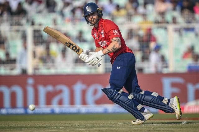 England's Phil Salt watches the ball after playing a shot during the 2026 ICC Men's T20 Cricket World Cup group stage match between England and Italy at the Eden Gardens in Kolkata on February 16, 2026. (Photo by Dibyangshu SARKAR / AFP)