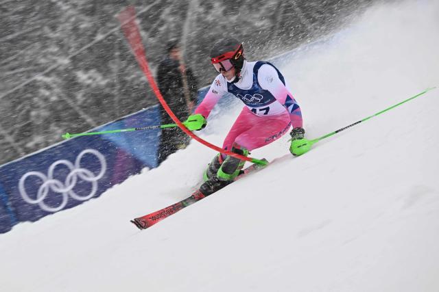 Iceland's Jon Erik Sigurdsson competes in the first run of the men's slalom alpine skiing event during the Milano Cortina 2026 Winter Olympic Games at the Stelvio Ski Centre in Bormio (Valtellina) on February 16, 2026. (Photo by Fabrice COFFRINI / AFP)