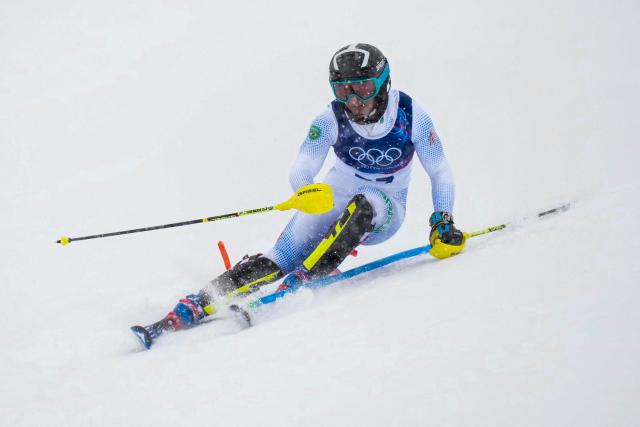 Brazil's Giovanni Ongaro competes in the first run of the men's slalom alpine skiing event during the Milano Cortina 2026 Winter Olympic Games at the Stelvio Ski Centre in Bormio (Valtellina) on February 16, 2026. (Photo by Dimitar DILKOFF / AFP)