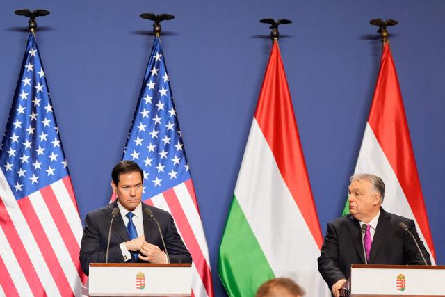 Hungary's Prime Minister Viktor Orban and US Secretary of State Marco Rubio (L) deliver a joint press conference following talks during a visit in Budapest, Hungary, on February 16, 2026. (Photo by Alex Brandon / POOL / AFP)