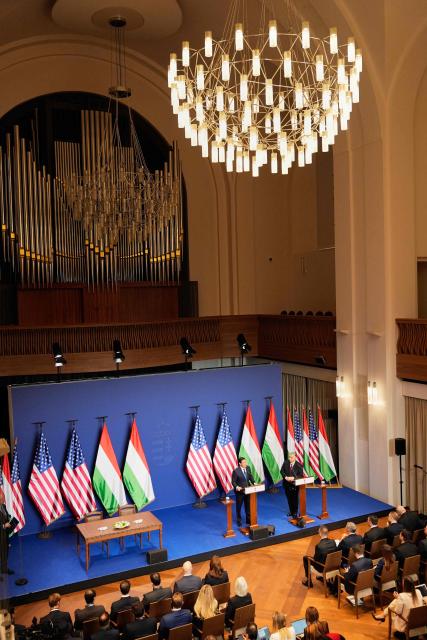 Hungary's Prime Minister Viktor Orban and US Secretary of State Marco Rubio (L) deliver a joint press conference following talks during a visit in Budapest, Hungary, on February 16, 2026. (Photo by Alex Brandon / POOL / AFP)
