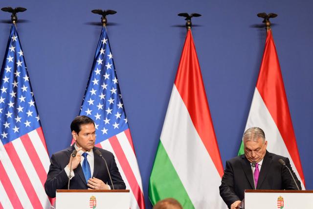 Hungary's Prime Minister Viktor Orban and US Secretary of State Marco Rubio (L) deliver a joint press conference following talks during a visit in Budapest, Hungary, on February 16, 2026. (Photo by Alex Brandon / POOL / AFP)