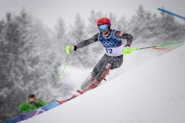Austria's Fabio Gstrein competes in the first run of the men's slalom alpine skiing event during the Milano Cortina 2026 Winter Olympic Games at the Stelvio Ski Centre in Bormio (Valtellina) on February 16, 2026. (Photo by Fabrice COFFRINI / AFP)