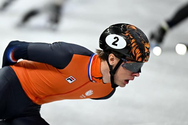 Netherlands' Jens van 't Wout competes in the short track speed skating men's 5000m relay semi-final during the Milano Cortina 2026 Winter Olympic Games at Milano Ice Skating Arena in Milan on February 16, 2026. (Photo by Gabriel BOUYS / AFP)