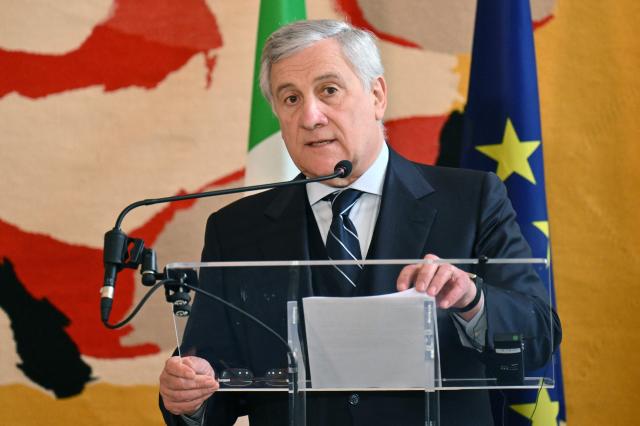 Italian Foreign Affairs Minsiter Antonio Tajani speaks during a press conference with Canada's Foreign Minister Anita Anand at the Farnesina in Rome on February 16, 2026. (Photo by Alberto PIZZOLI / AFP)
