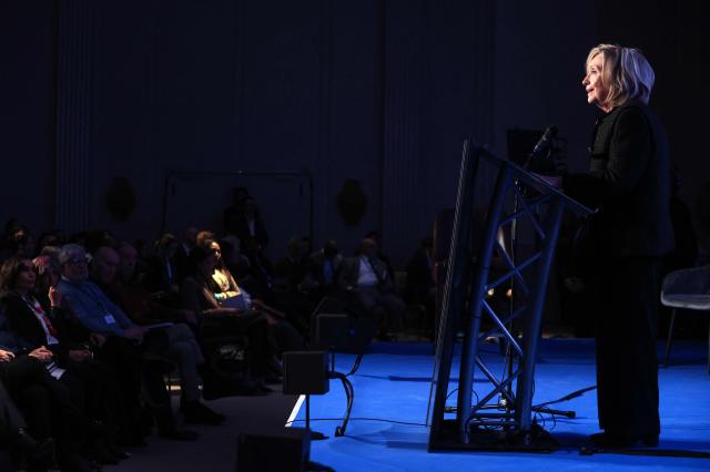 Former US Secretary of State Hillary Clinton attends the The World Forum 2026 on the "Future of Democracy, AI/Tech, and Humankind" as part of the "Cinema for Peace" events in Berlin, on February 16, 2026. (Photo by Adam BERRY / AFP)