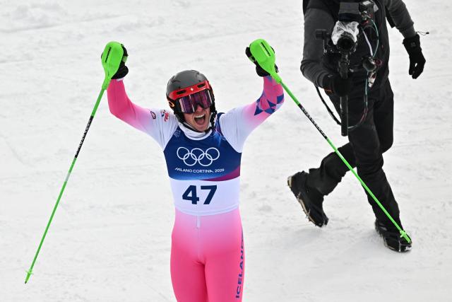 Iceland's Jon Erik Sigurdsson reacts in the finish area after competing in the second run of the men's slalom alpine skiing event during the Milano Cortina 2026 Winter Olympic Games at the Stelvio Ski Centre in Bormio (Valtellina) on February 16, 2026. (Photo by Fabrice COFFRINI / AFP)