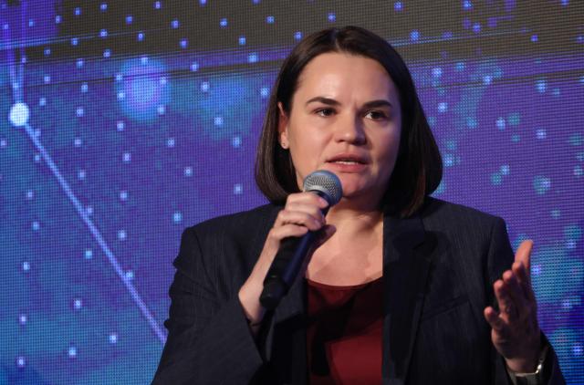 Belarusian opposition leader Svetlana Tsikhanovskaya speaks on stage as he attends the The World Forum 2026 on the "Future of Democracy, AI/Tech, and Humankind" as part of the "Cinema for Peace" events in Berlin, on February 16, 2026. (Photo by Adam BERRY / AFP)