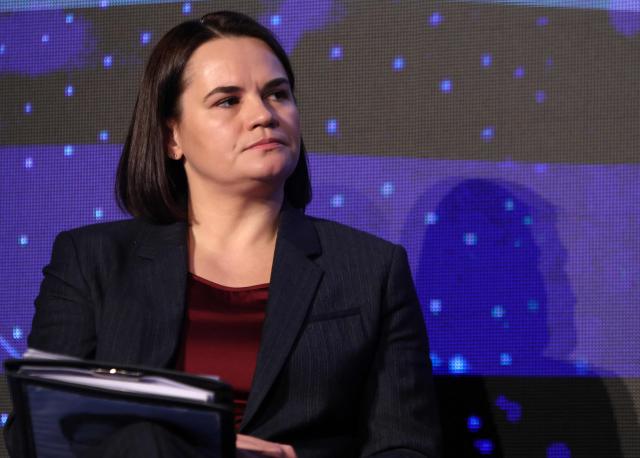 Belarusian opposition leader Svetlana Tikhanovskaya speaks on stage as she attends the The World Forum 2026 on the "Future of Democracy, AI/Tech, and Humankind" as part of the "Cinema for Peace" events in Berlin, on February 16, 2026. (Photo by Adam BERRY / AFP)