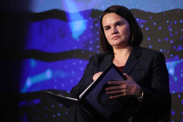 Belarusian opposition leader Svetlana Tikhanovskaya speaks on stage as she attends the The World Forum 2026 on the "Future of Democracy, AI/Tech, and Humankind" as part of the "Cinema for Peace" events in Berlin, on February 16, 2026. (Photo by Adam BERRY / AFP)