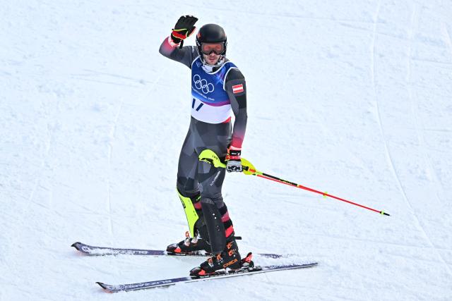 Austria's Michael Matt reacts in the finish area after competing in the second run of the men's slalom alpine skiing event during the Milano Cortina 2026 Winter Olympic Games at the Stelvio Ski Centre in Bormio (Valtellina) on February 16, 2026. (Photo by Fabrice COFFRINI / AFP)