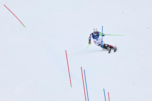 Norway's Henrik Kristoffersen competes in the second run of the men's slalom alpine skiing event during the Milano Cortina 2026 Winter Olympic Games at the Stelvio Ski Centre in Bormio (Valtellina) on February 16, 2026. (Photo by Fabrice COFFRINI / AFP)