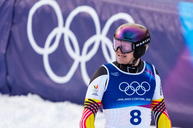 Belgium's Armand Marchant reacts after finishing the second run of the men's slalom alpine skiing event during the Milano Cortina 2026 Winter Olympic Games at the Stelvio Ski Centre in Bormio (Valtellina) on February 16, 2026. (Photo by Dimitar DILKOFF / AFP)
