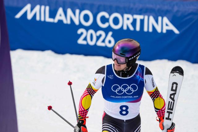 Belgium's Armand Marchant reacts after finishing the second run of the men's slalom alpine skiing event during the Milano Cortina 2026 Winter Olympic Games at the Stelvio Ski Centre in Bormio (Valtellina) on February 16, 2026. (Photo by Dimitar DILKOFF / AFP)