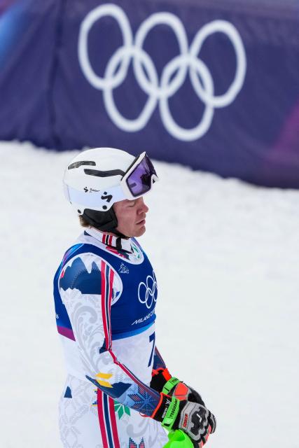 Norway's Timon Haugan reacts after finishing the second run of the men's slalom alpine skiing event during the Milano Cortina 2026 Winter Olympic Games at the Stelvio Ski Centre in Bormio (Valtellina) on February 16, 2026. (Photo by Dimitar DILKOFF / AFP)