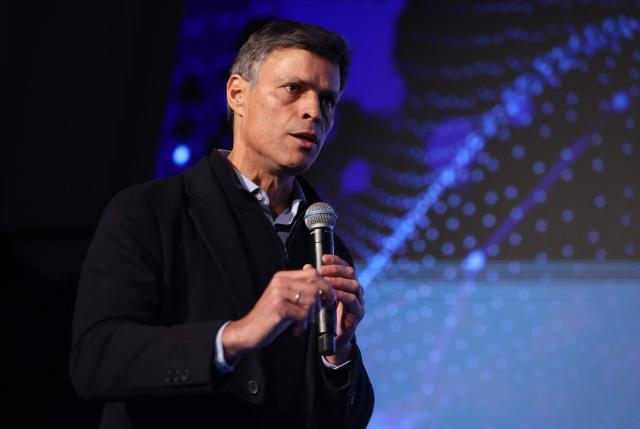 Venezuelan opposition leader Leopoldo Lopez speaks on stage during the "World Forum 2026 on the "Future of Democracy, AI/Tech, and Humankind" as part of the "Cinema for Peace" events in Berlin, on February 16, 2026. (Photo by Adam BERRY / AFP)