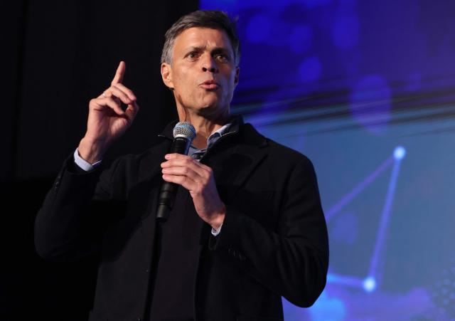 Venezuelan opposition leader Leopoldo Lopez speaks on stage during the "World Forum 2026 on the "Future of Democracy, AI/Tech, and Humankind" as part of the "Cinema for Peace" events in Berlin, on February 16, 2026. (Photo by Adam BERRY / AFP)